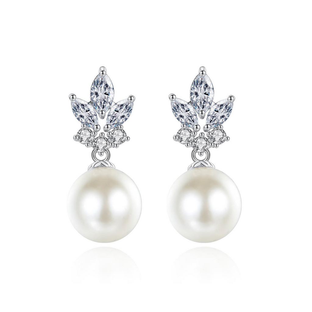 Leaf Marquise Zircon & Simulated Pearl Dangle Earrings