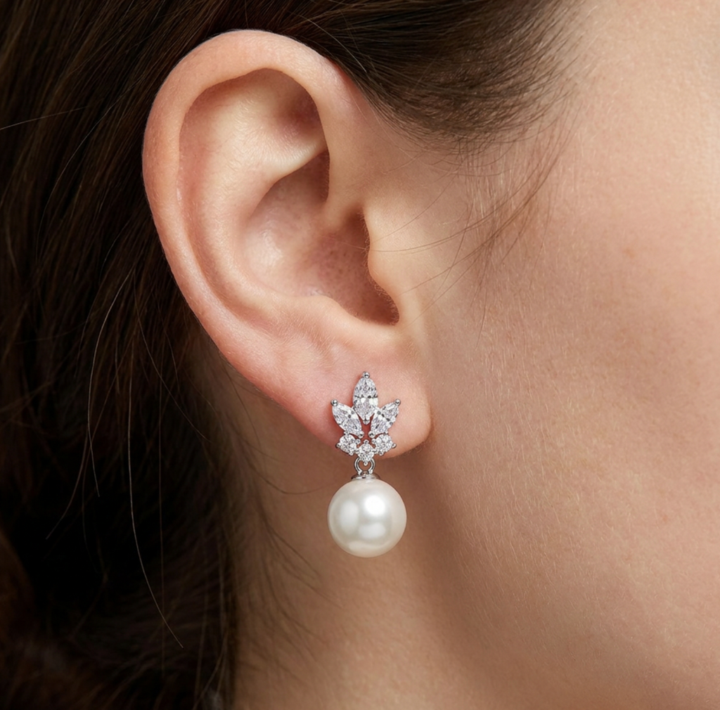 Leaf Marquise Zircon & Simulated Pearl Dangle Earrings
