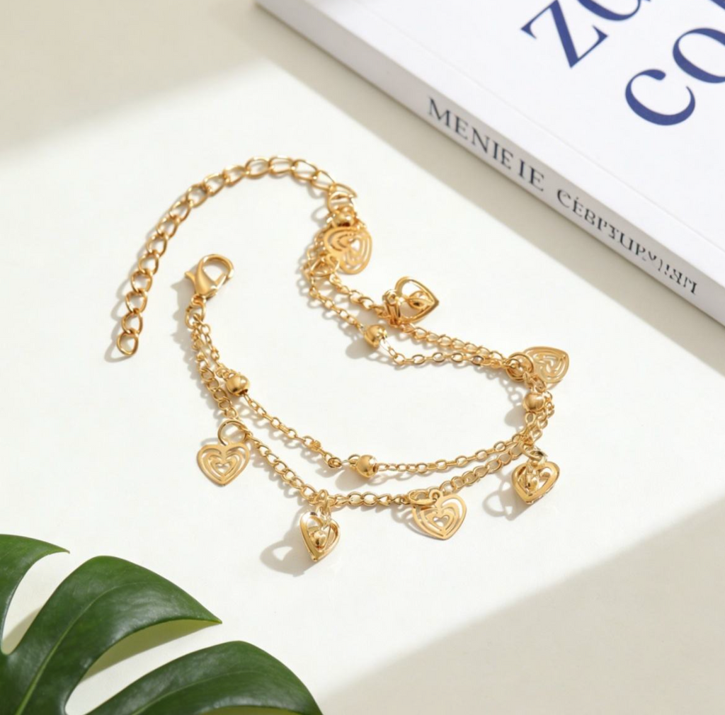 Stainless Steel 3D Heart Double-Layer Anklet