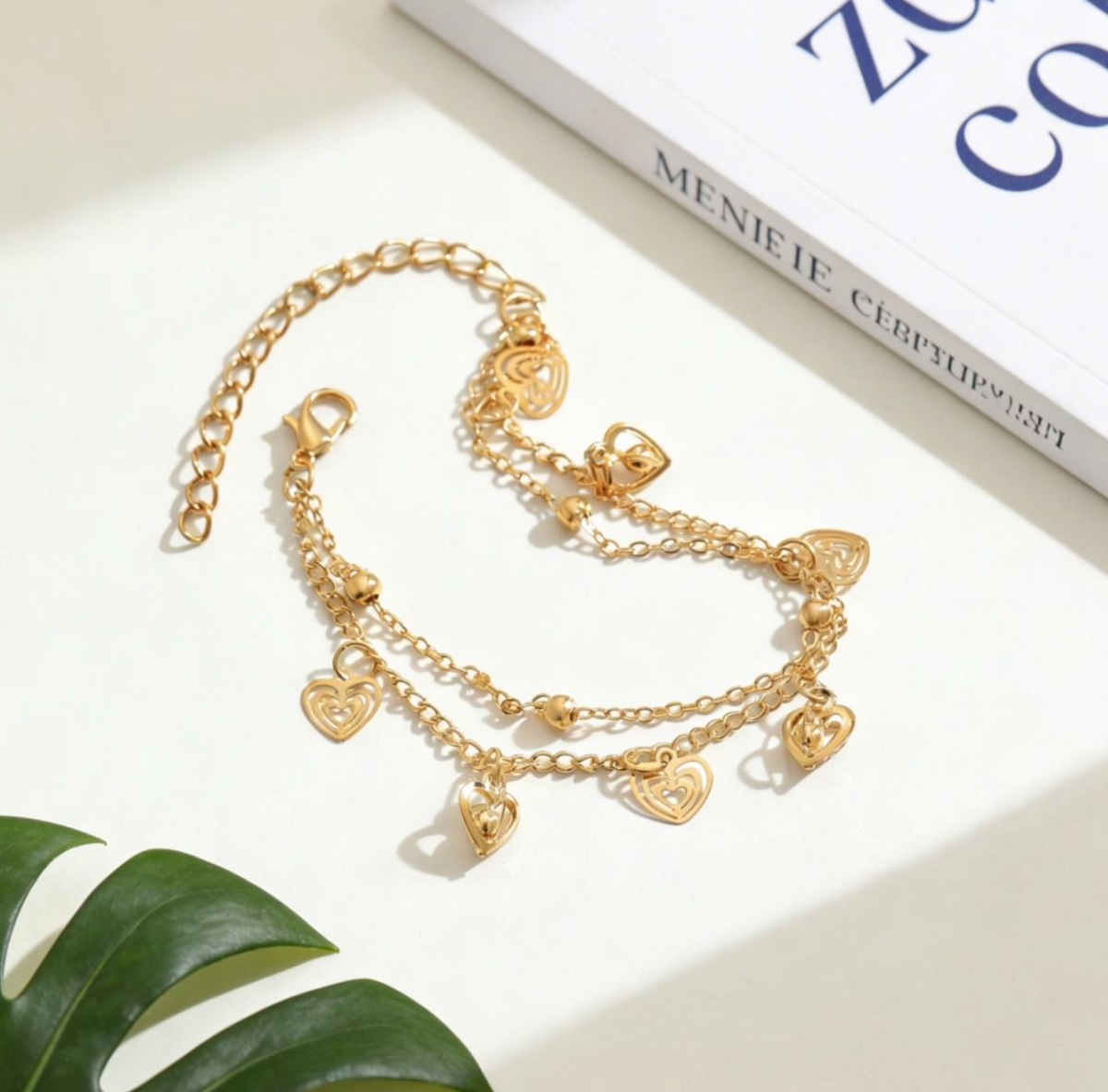 Stainless Steel 3D Heart Double-Layer Anklet