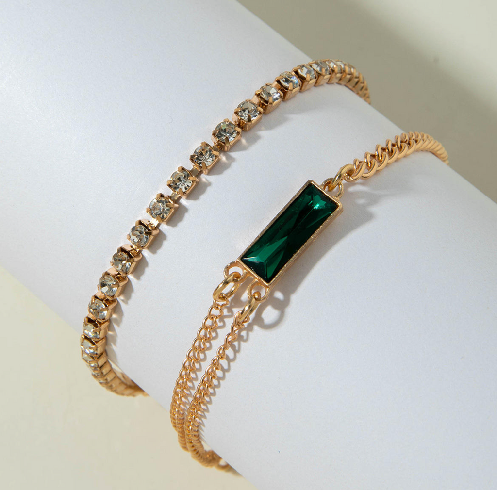 Retro Emerald Geometric Square Anklet Set