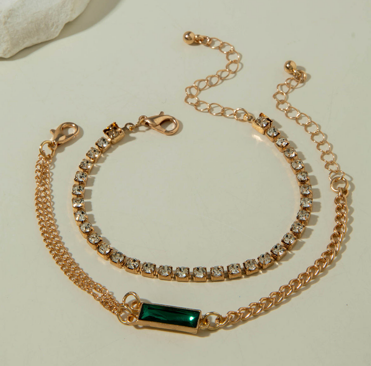 Retro Emerald Geometric Square Anklet Set