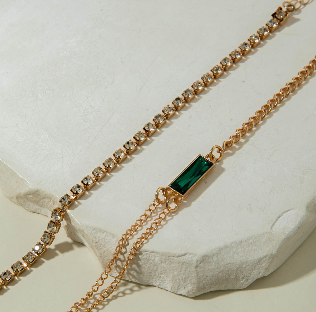 Retro Emerald Geometric Square Anklet Set